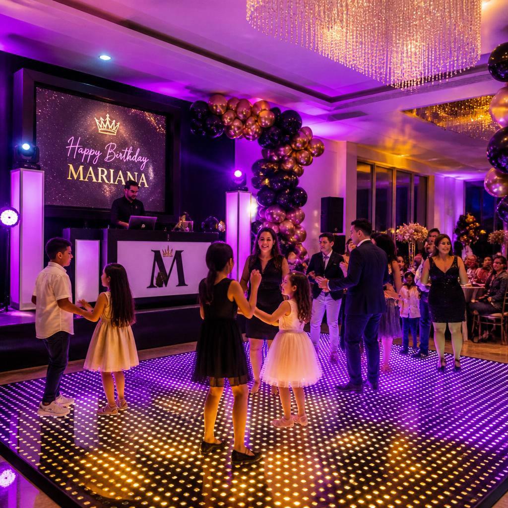 Elegant birthday party celebration with LED dance floor and DJ