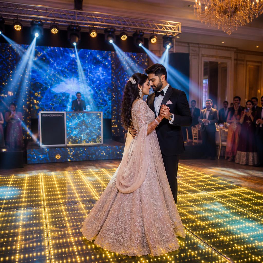 Bride and groom first dance on an LED dance floor with DJ setup